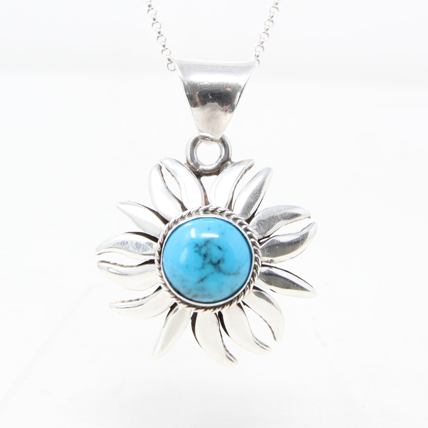 Vintage Hallmarked Large Solid Sterling Silver Turquoise Flower Sun Burst Pendant 14.5g Navajo