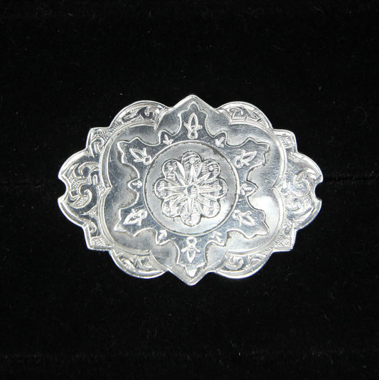 Antique Victorian 1886 Hallmarked Solid Sterling Silver Oval Floral Star Engraved Brooch Pin