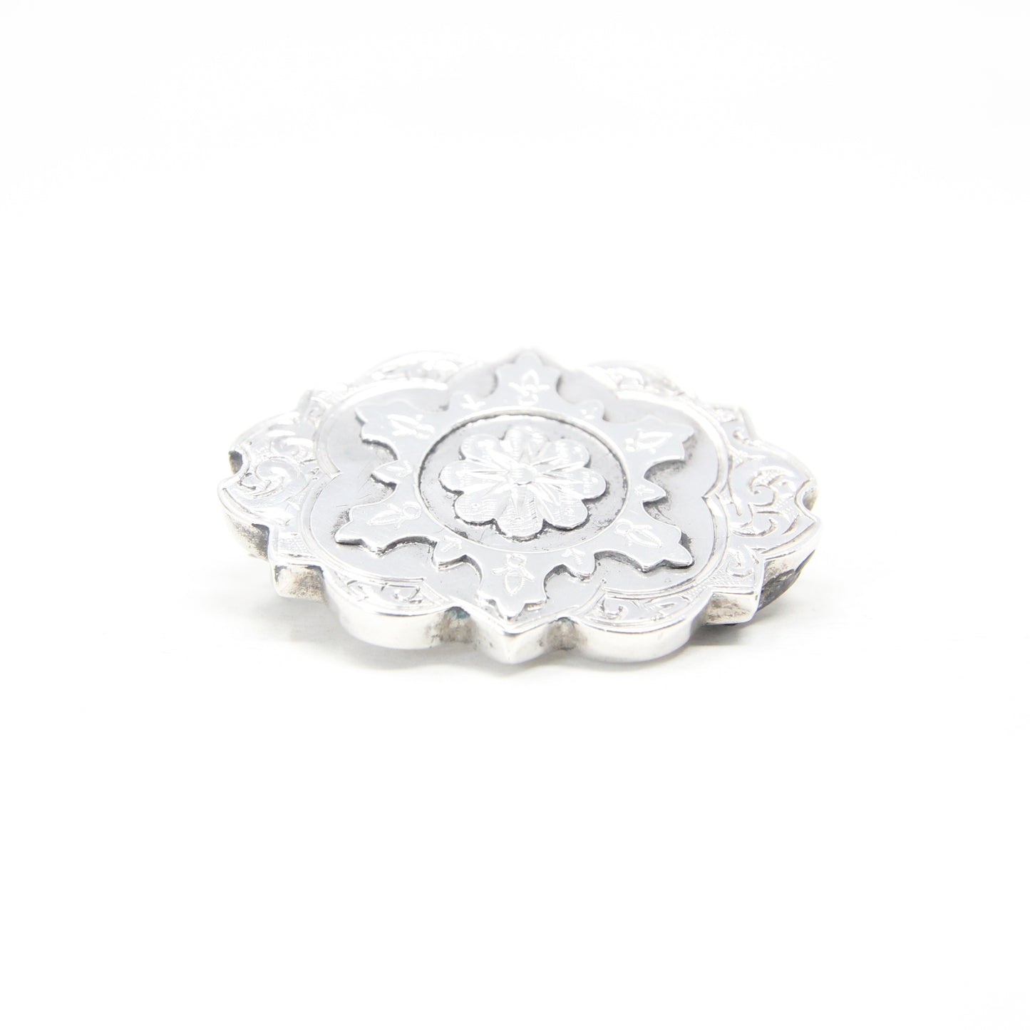 Antique Victorian 1886 Hallmarked Solid Sterling Silver Oval Floral Star Engraved Brooch Pin