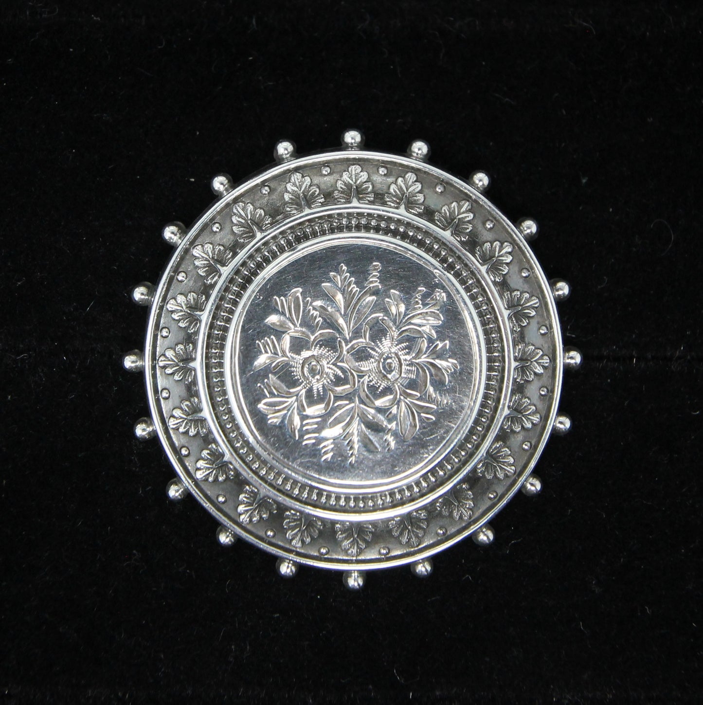 Antique Victorian 1882 Hallmarked Solid Sterling Silver Round Floral Engraved Locket Brooch Pin