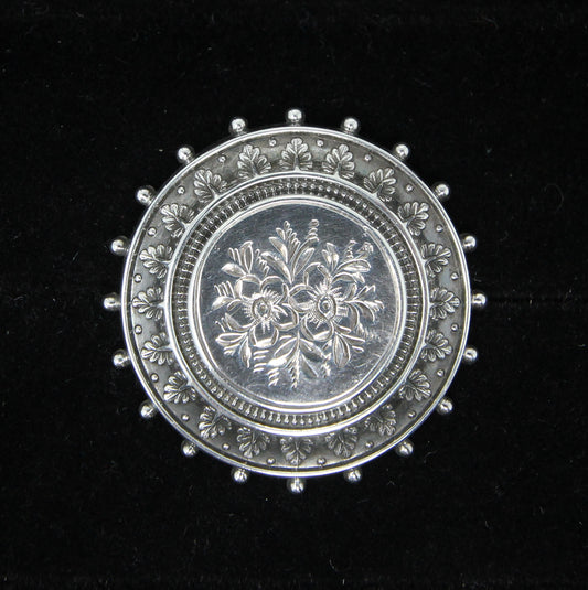 Antique Victorian 1882 Hallmarked Solid Sterling Silver Round Floral Engraved Locket Brooch Pin