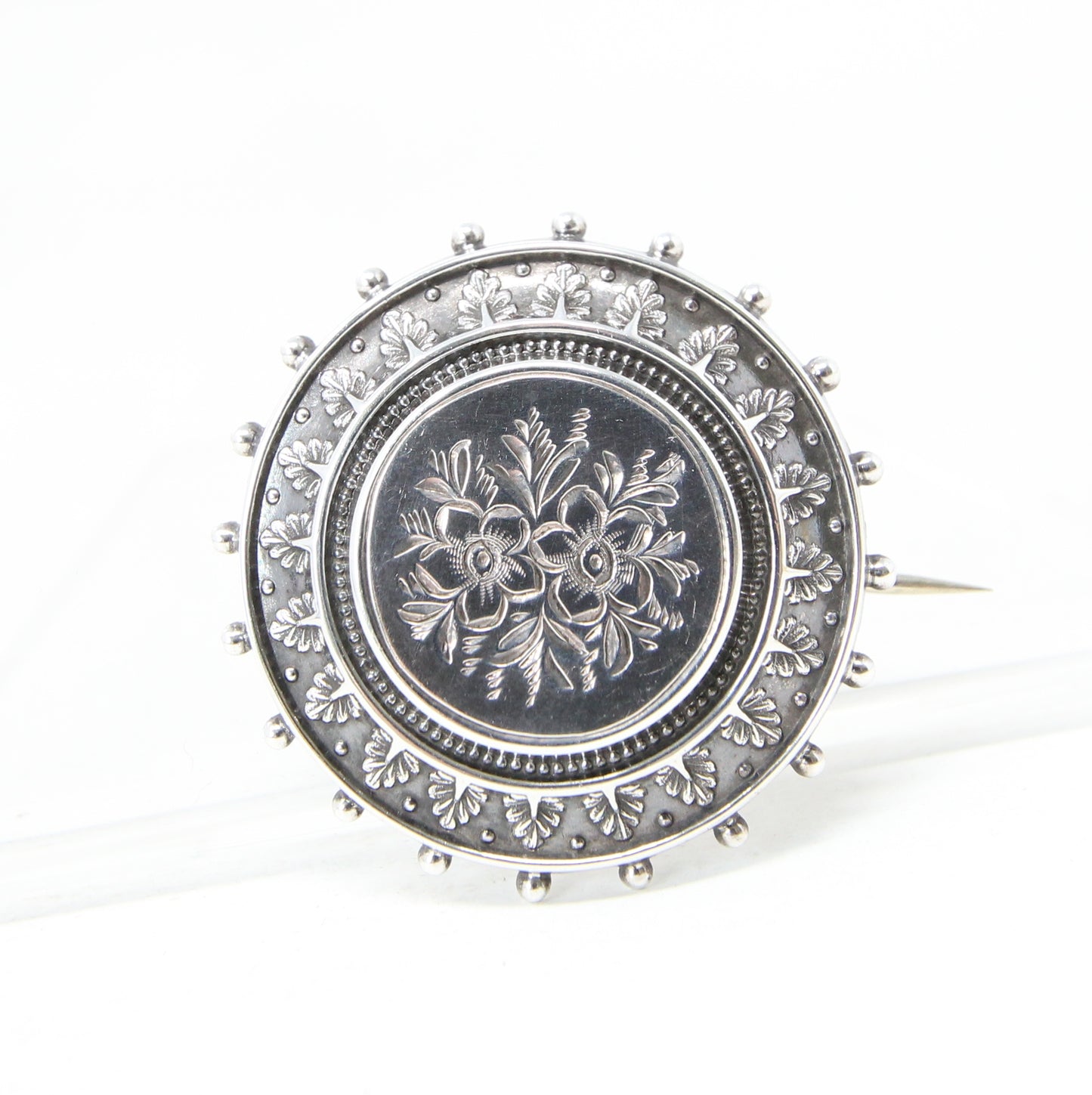 Antique Victorian 1882 Hallmarked Solid Sterling Silver Round Floral Engraved Locket Brooch Pin