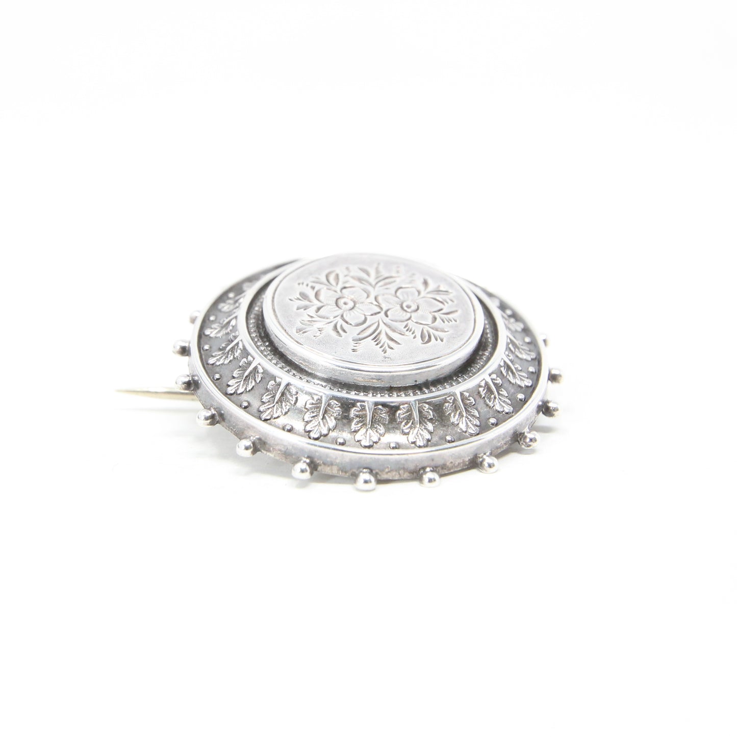 Antique Victorian 1882 Hallmarked Solid Sterling Silver Round Floral Engraved Locket Brooch Pin
