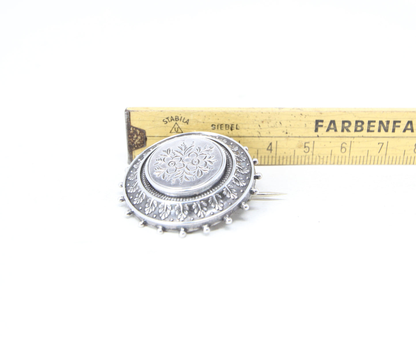 Antique Victorian 1882 Hallmarked Solid Sterling Silver Round Floral Engraved Locket Brooch Pin