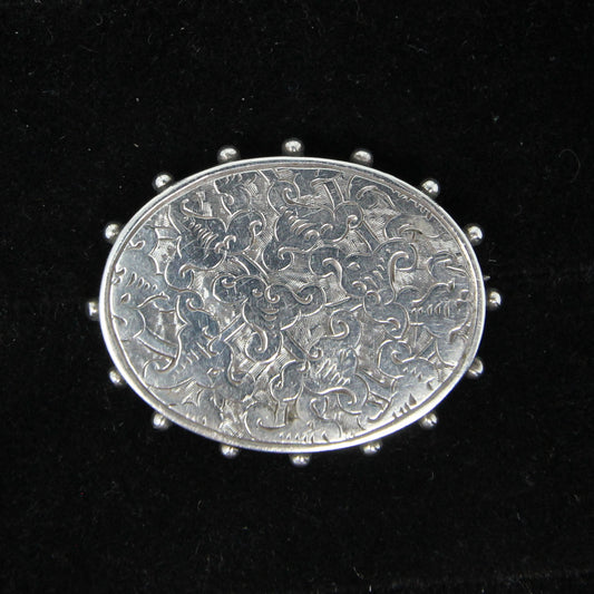 Antique Victorian 1886 Hallmarked Solid Sterling Silver Oval Floral Engraved Brooch Pin