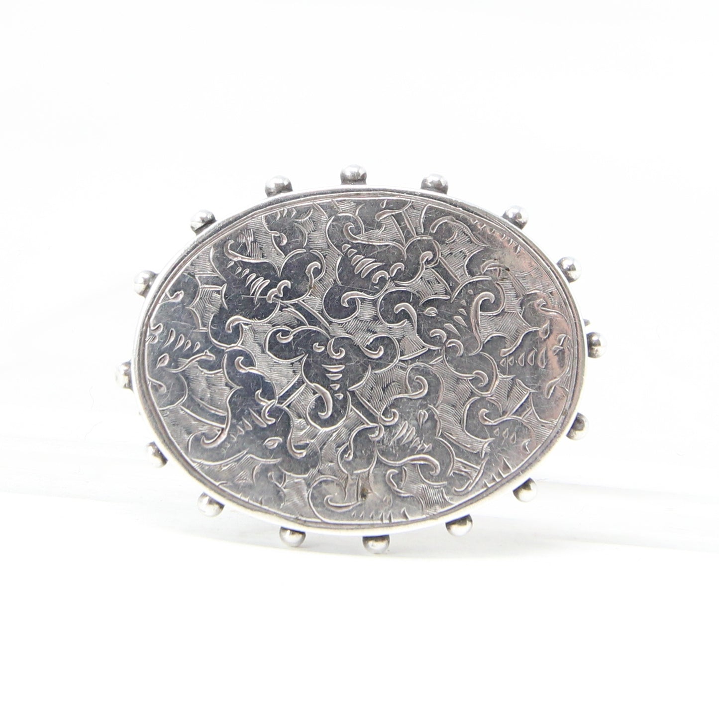 Antique Victorian 1886 Hallmarked Solid Sterling Silver Oval Floral Engraved Brooch Pin