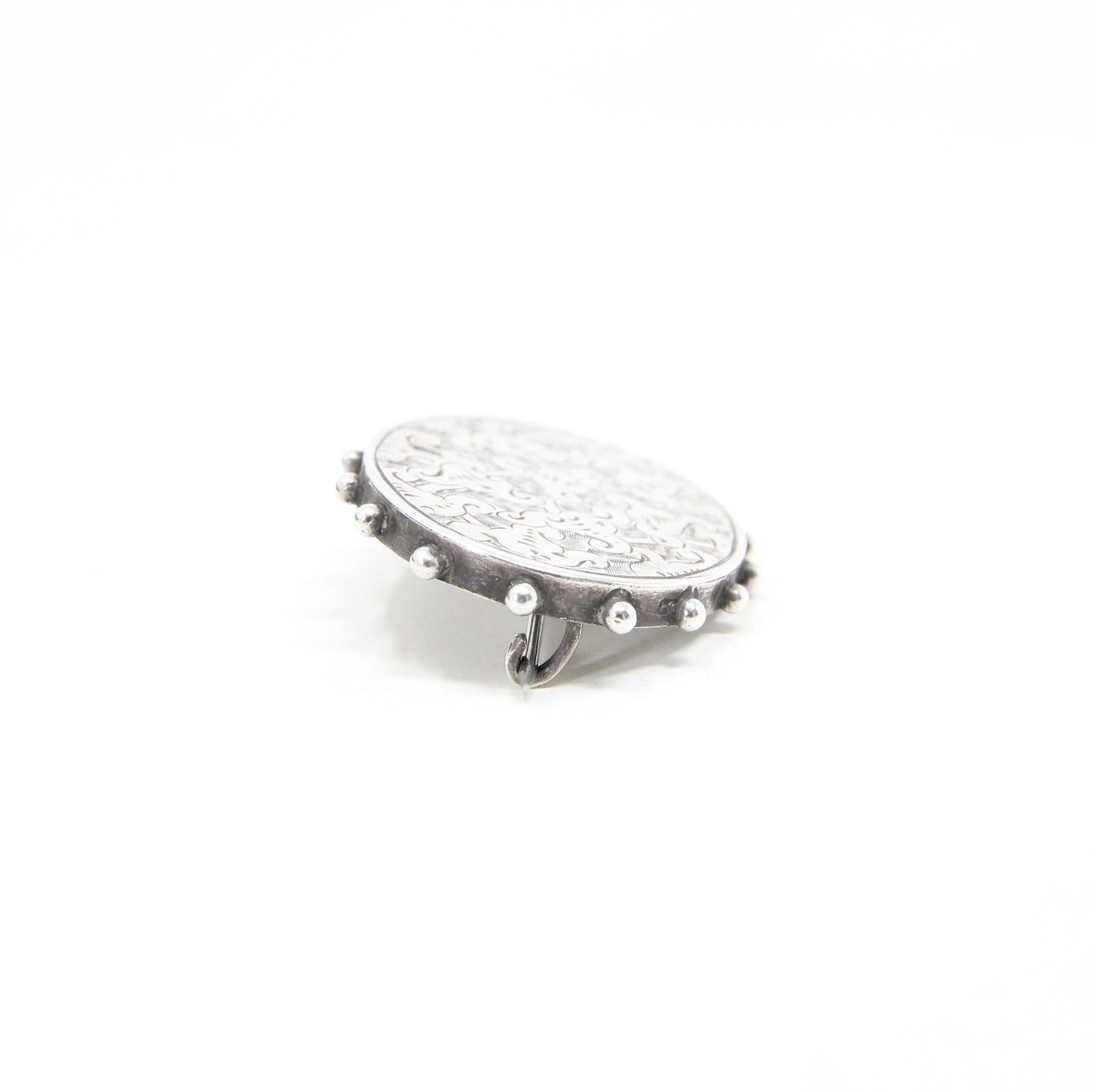 Antique Victorian 1886 Hallmarked Solid Sterling Silver Oval Floral Engraved Brooch Pin