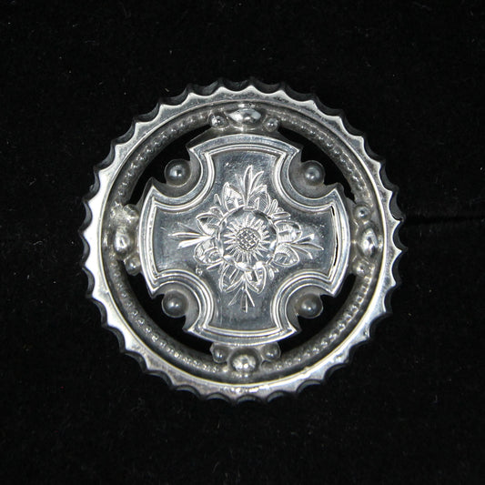 Antique Edwardian Solid Silver Round Cross Floral Engraved Brooch Pin