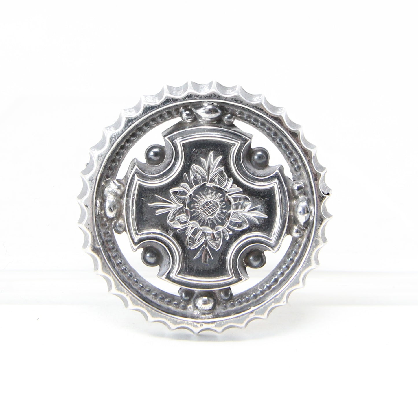 Antique Edwardian Solid Silver Round Cross Floral Engraved Brooch Pin