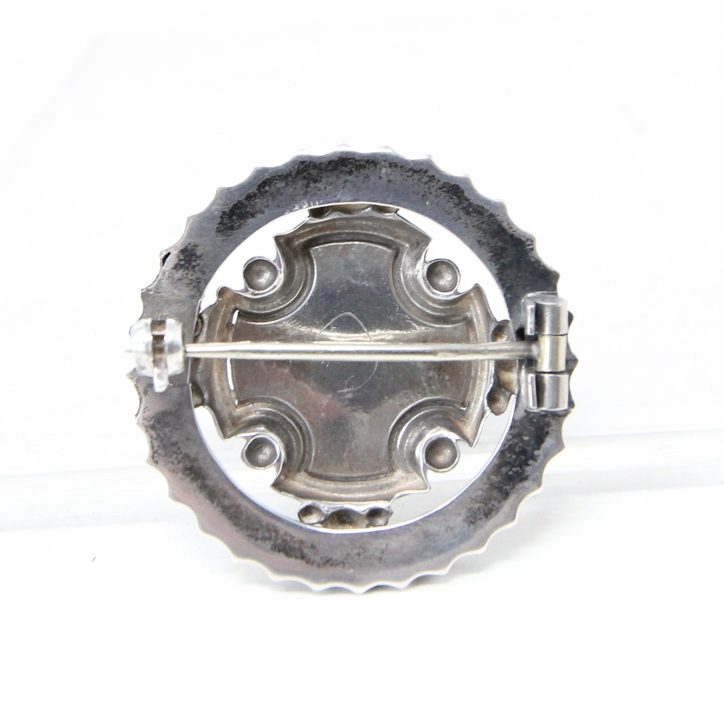 Antique Edwardian Solid Silver Round Cross Floral Engraved Brooch Pin