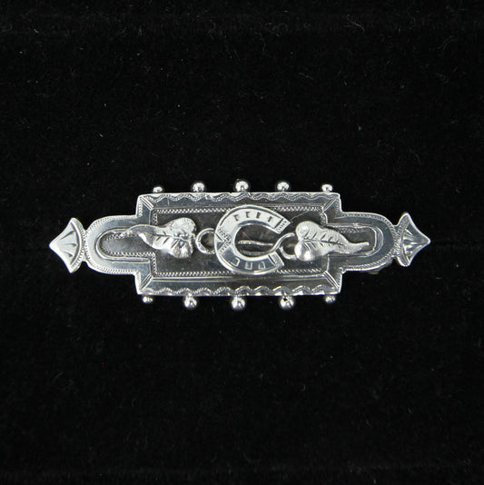 Antique Victorian 1892 Hallmarked Solid Sterling Silver Ivy Lucky Horse Shoe Sweetheart Brooch Pin