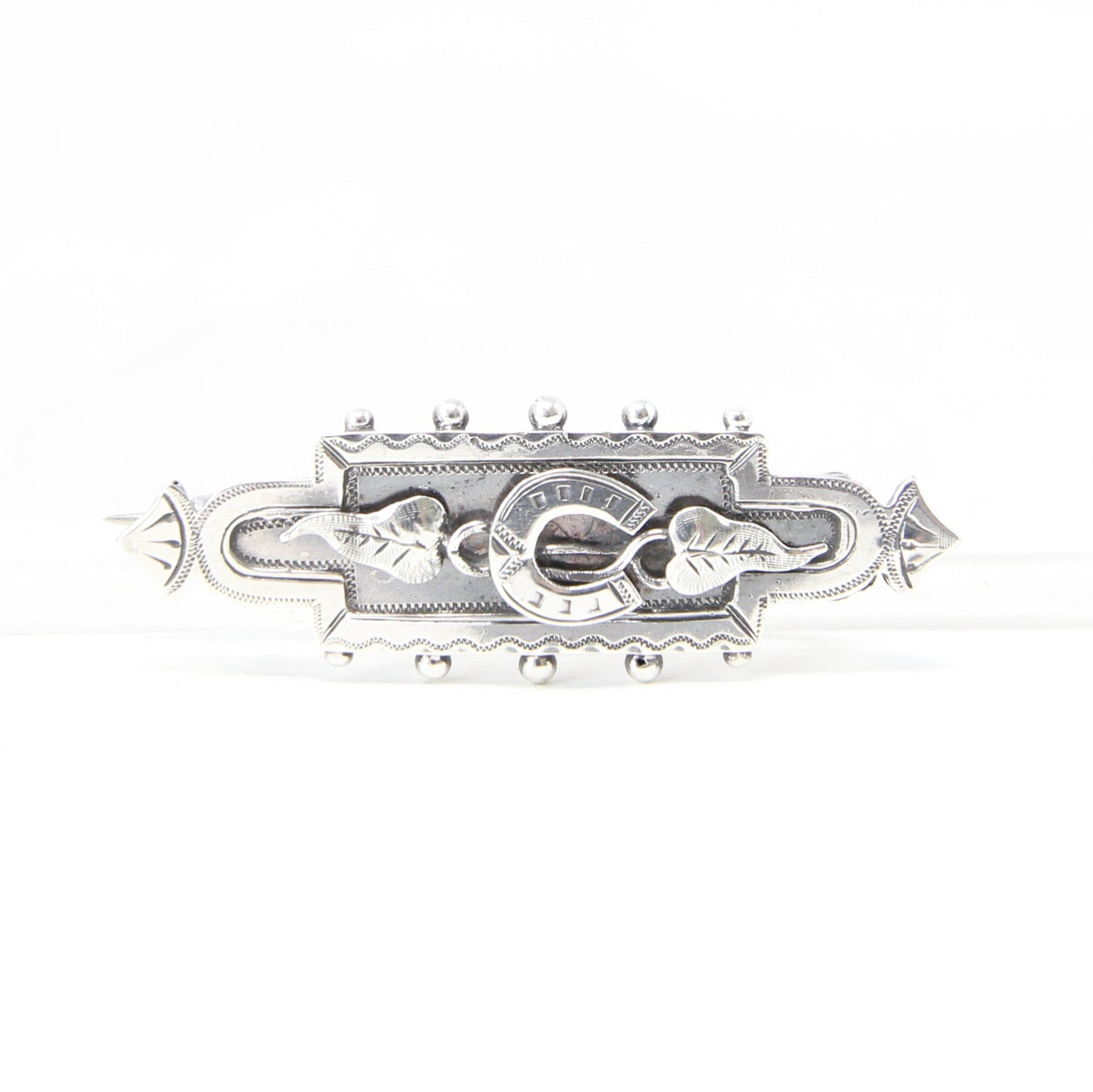Antique Victorian 1892 Hallmarked Solid Sterling Silver Ivy Lucky Horse Shoe Sweetheart Brooch Pin