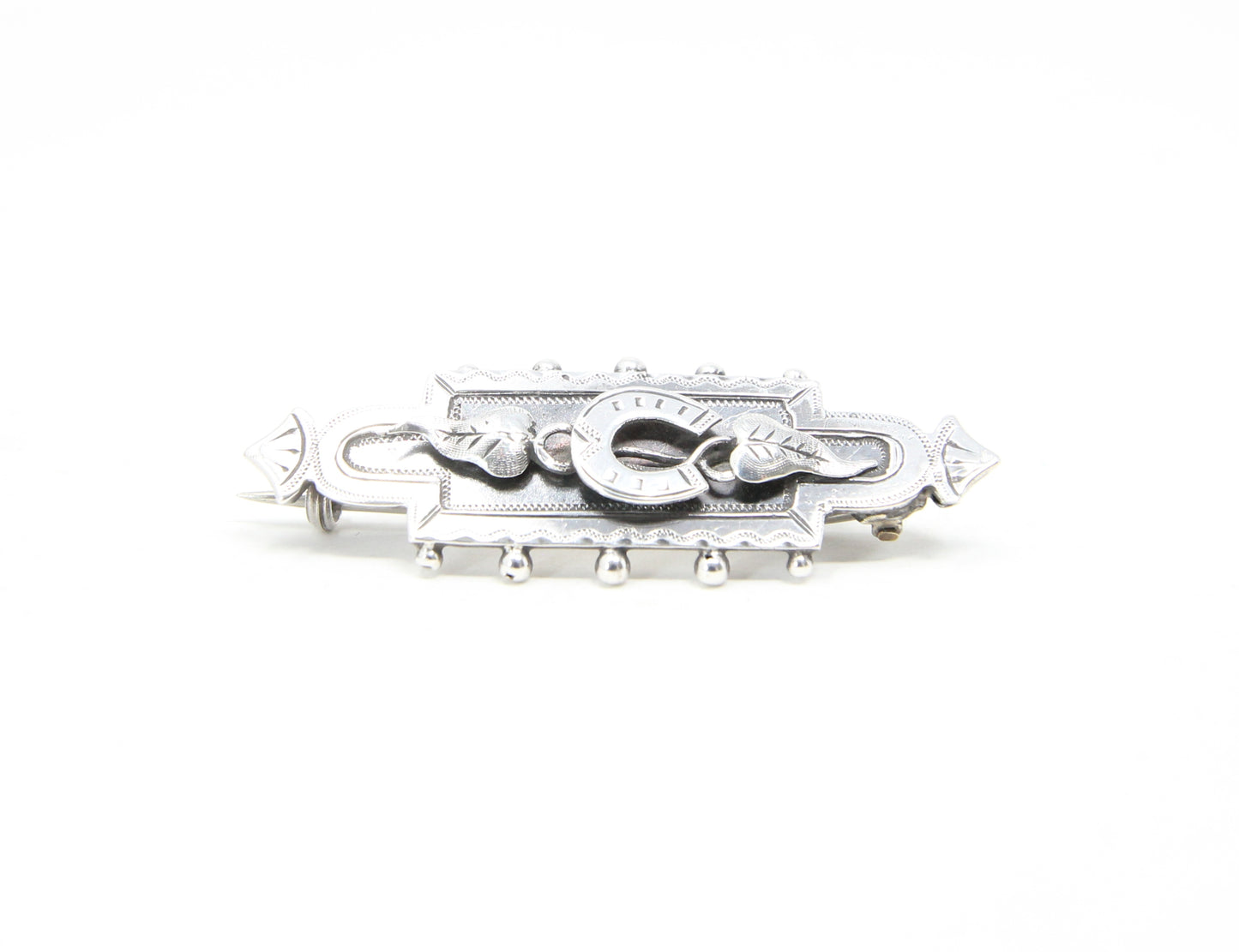 Antique Victorian 1892 Hallmarked Solid Sterling Silver Ivy Lucky Horse Shoe Sweetheart Brooch Pin