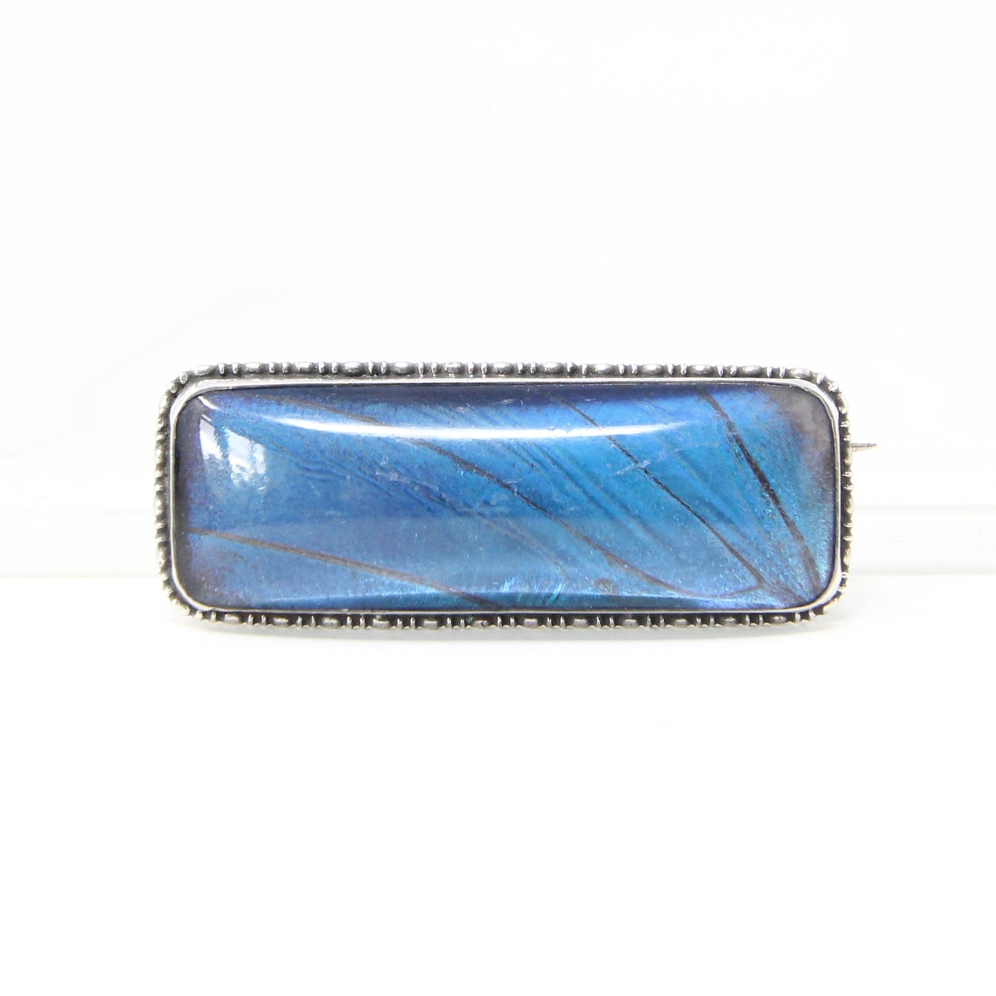 Antique Art Deco Hallmarked Solid Sterling Silver Blue Morpho Butterfly Wing Brooch Pin