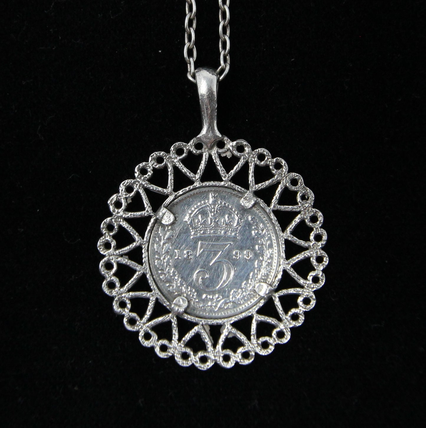 Vintage Hallmarked Solid Sterling Silver 1899 Threepenny Coin Pendant on Chain Necklace