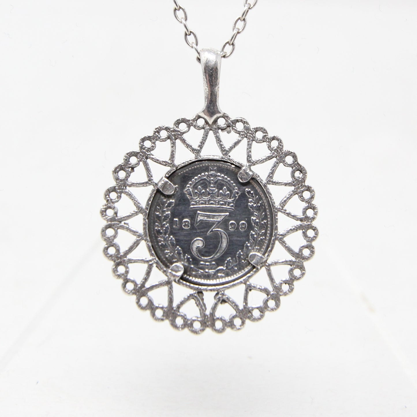 Vintage Hallmarked Solid Sterling Silver 1899 Threepenny Coin Pendant on Chain Necklace