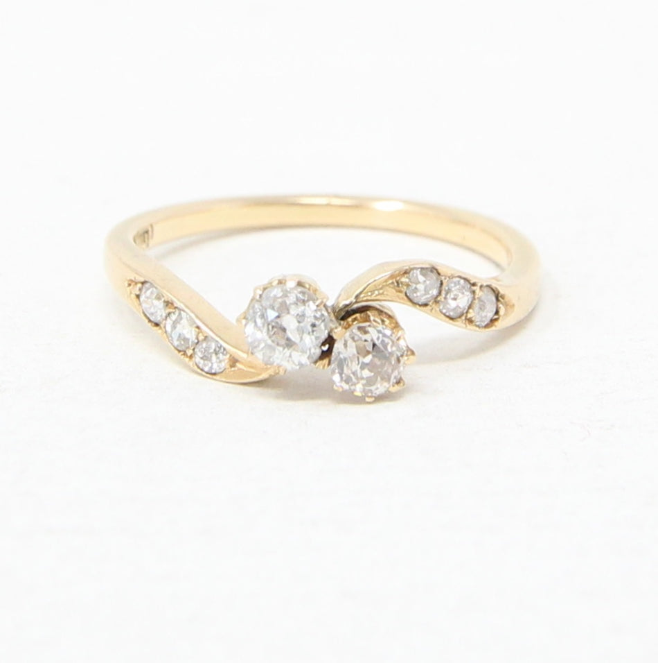 Antique Edwardian Hallmarked Solid 18ct 18k Gold 0.4Ct Old Cut Diamond Toi et Moi Ring Size N