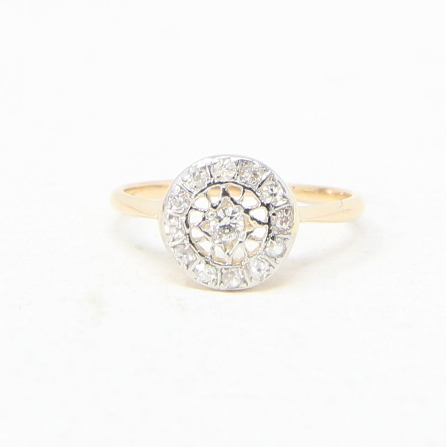 Antique Vintage Art Deco Solid 18ct 18k Gold Old Cut Diamond Target Ring Size K