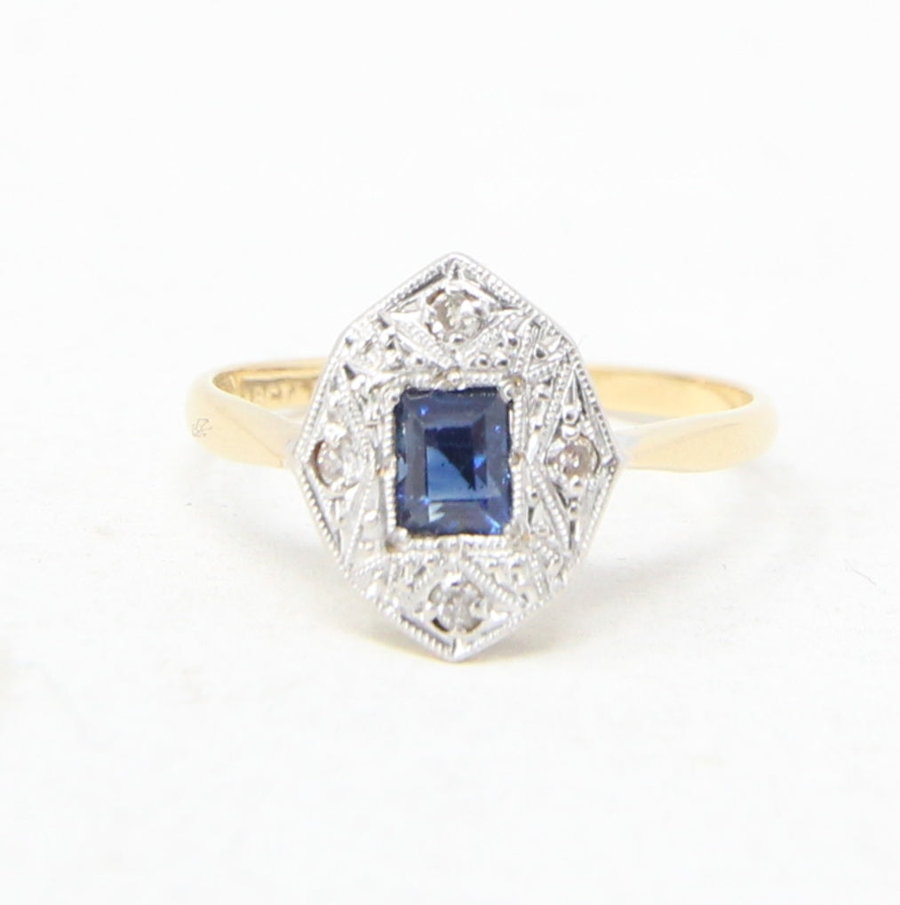 Antique Vintage Art Deco Solid 18ct 18k Gold 0.6Ct Ceylon Sapphire Diamond Ring Size L 1/2