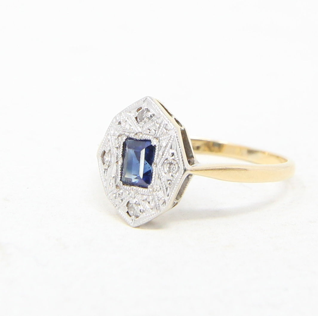 Antique Vintage Art Deco Solid 18ct 18k Gold 0.6Ct Ceylon Sapphire Diamond Ring Size L 1/2