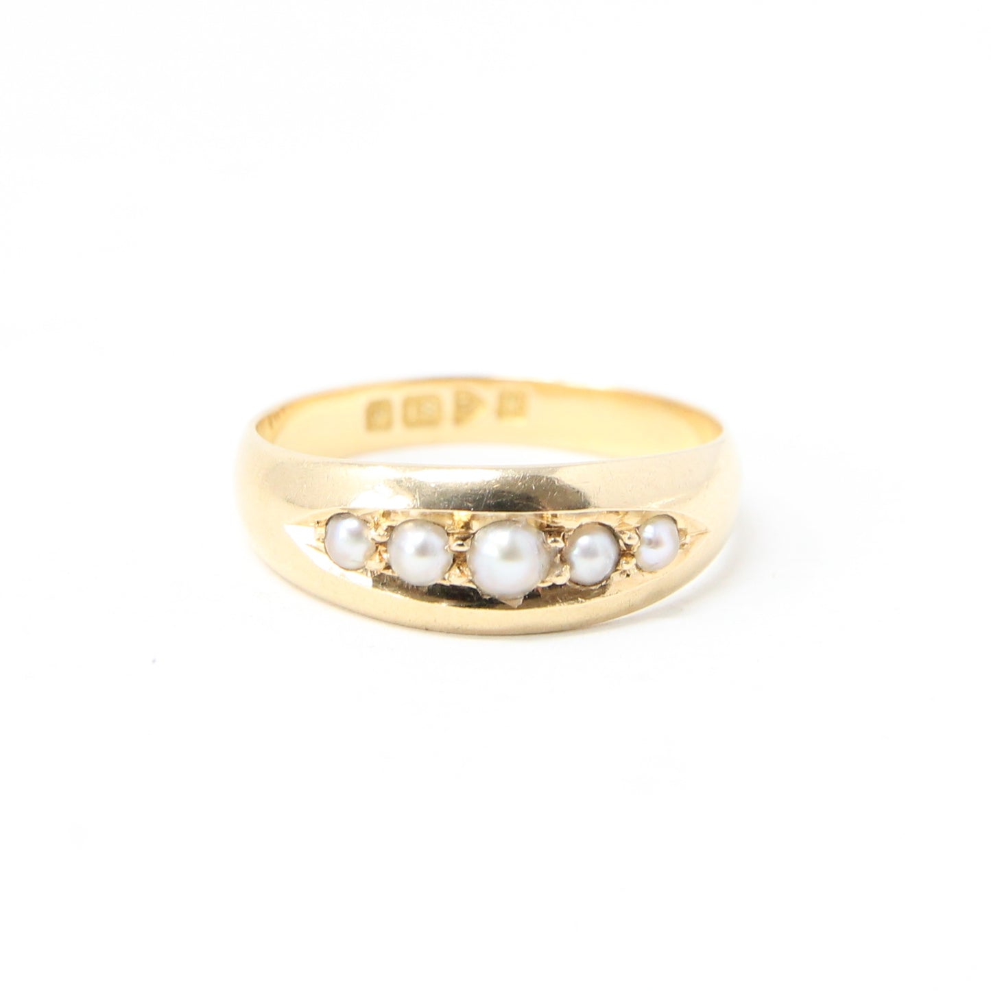 Antique 1910 Chester Hallmarked Solid 18ct 18k Gold Seed Pearl Gypsy Boat Ring Size Q