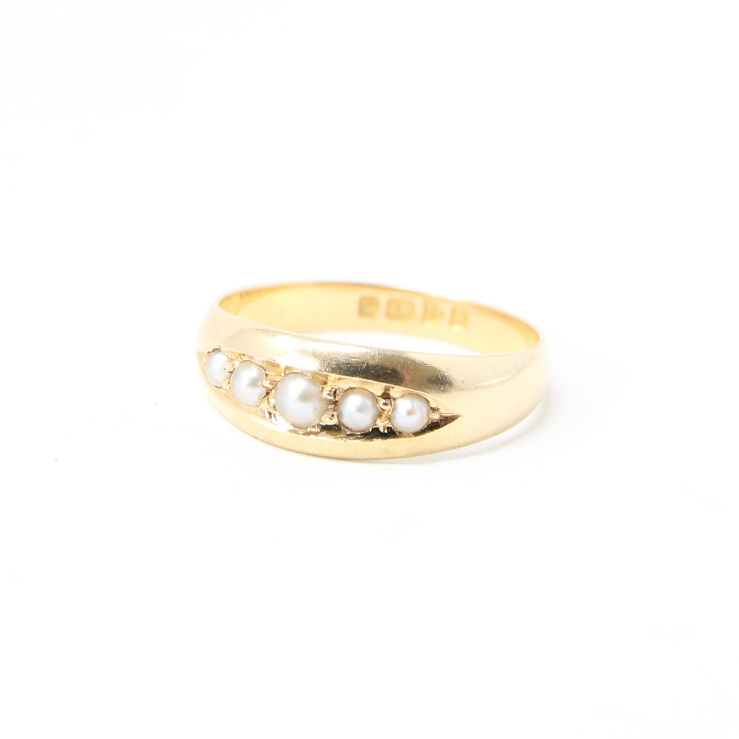 Antique 1910 Chester Hallmarked Solid 18ct 18k Gold Seed Pearl Gypsy Boat Ring Size Q