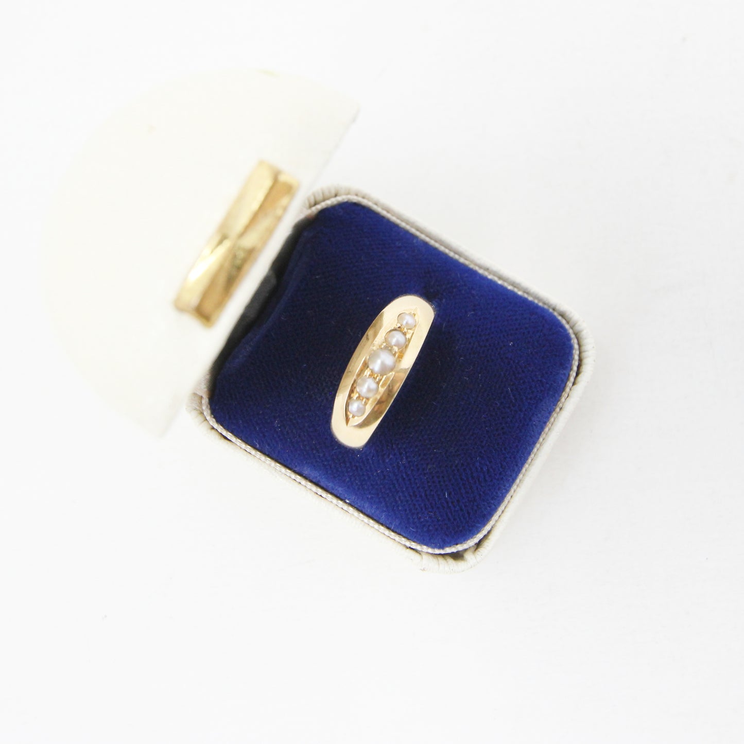 Antique 1910 Chester Hallmarked Solid 18ct 18k Gold Seed Pearl Gypsy Boat Ring Size Q