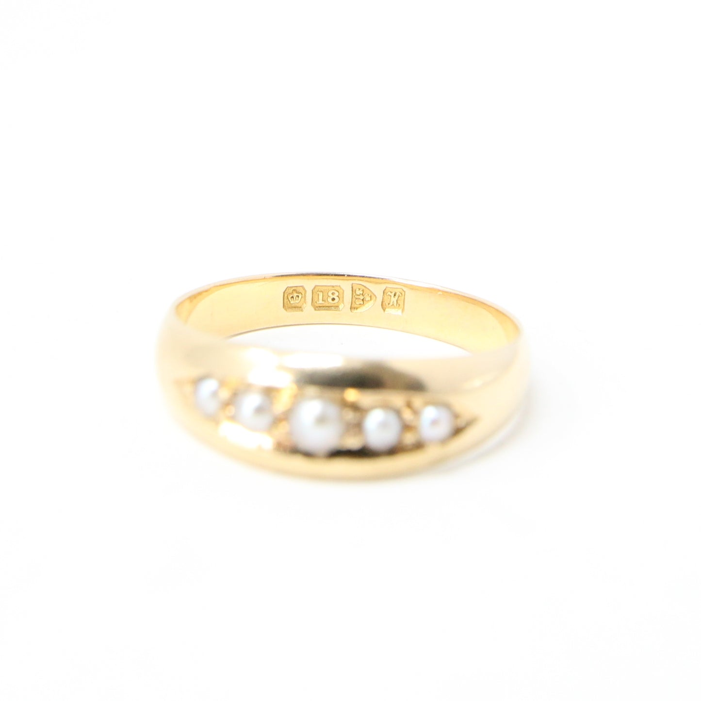 Antique 1910 Chester Hallmarked Solid 18ct 18k Gold Seed Pearl Gypsy Boat Ring Size Q