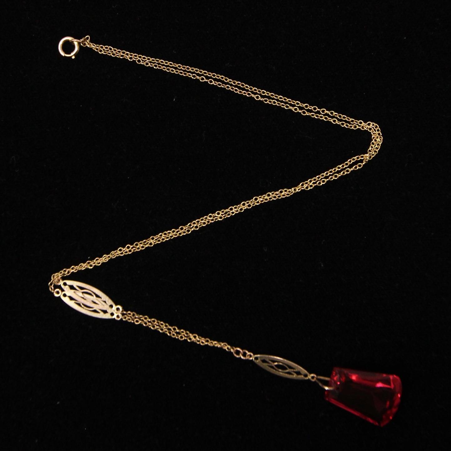 Antique Art Deco Solid 9ct 9k Gold Cable Chain Cherry Glass Paste Pendant Necklace 17.25''