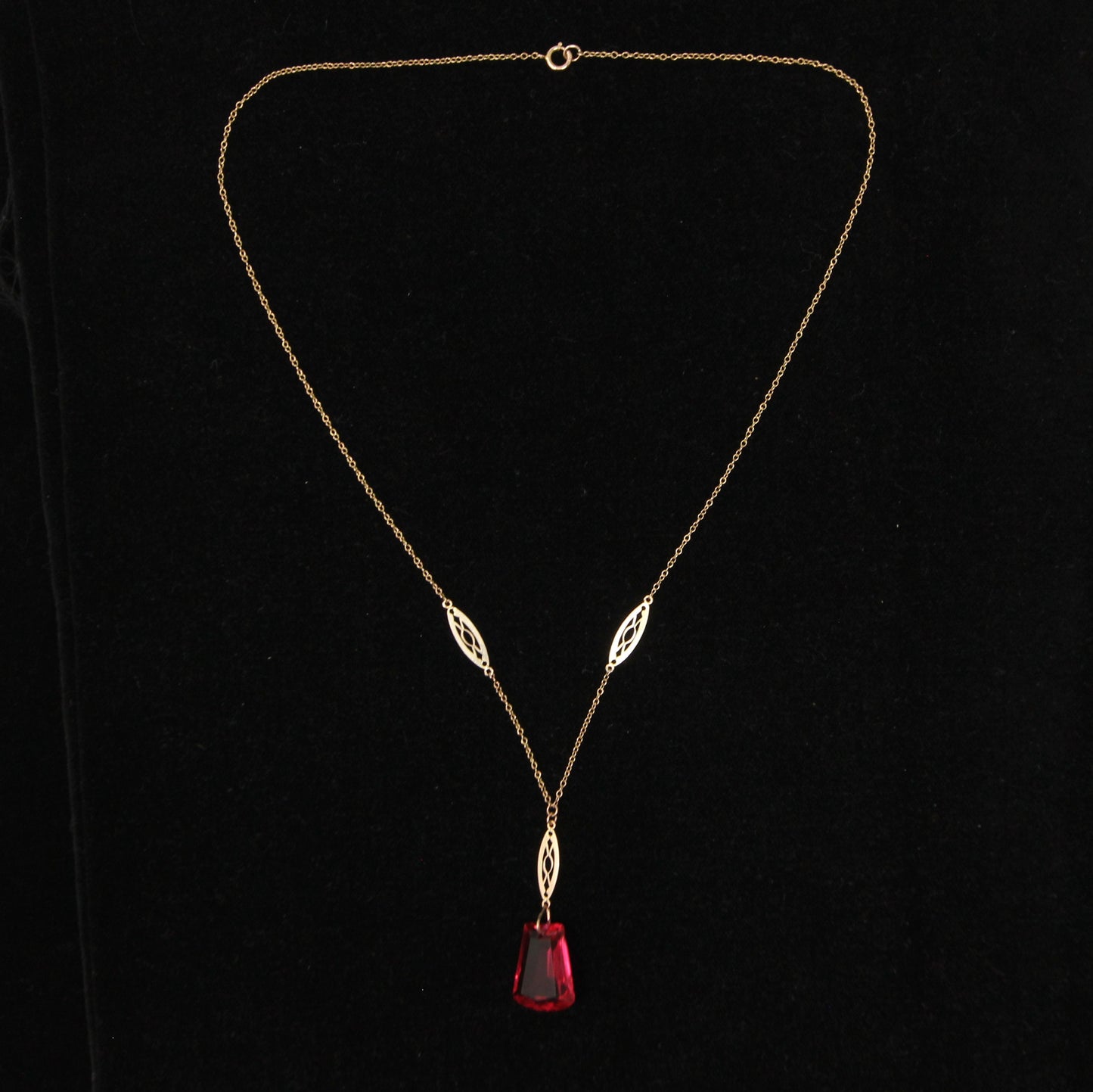 Antique Art Deco Solid 9ct 9k Gold Cable Chain Cherry Glass Paste Pendant Necklace 17.25''