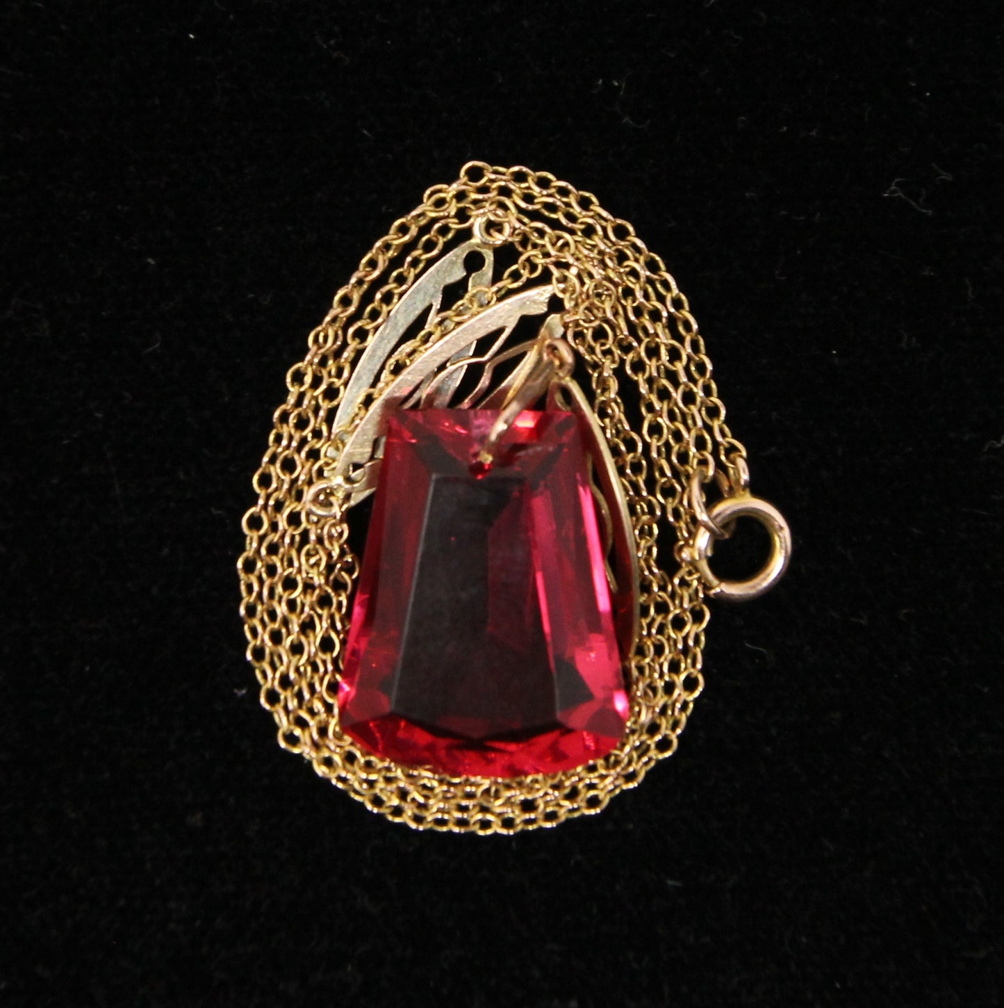 Antique Art Deco Solid 9ct 9k Gold Cable Chain Cherry Glass Paste Pendant Necklace 17.25''