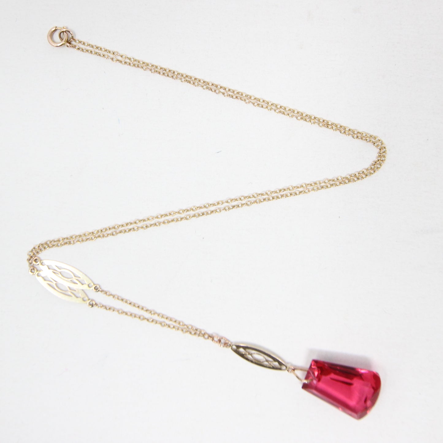 Antique Art Deco Solid 9ct 9k Gold Cable Chain Cherry Glass Paste Pendant Necklace 17.25''