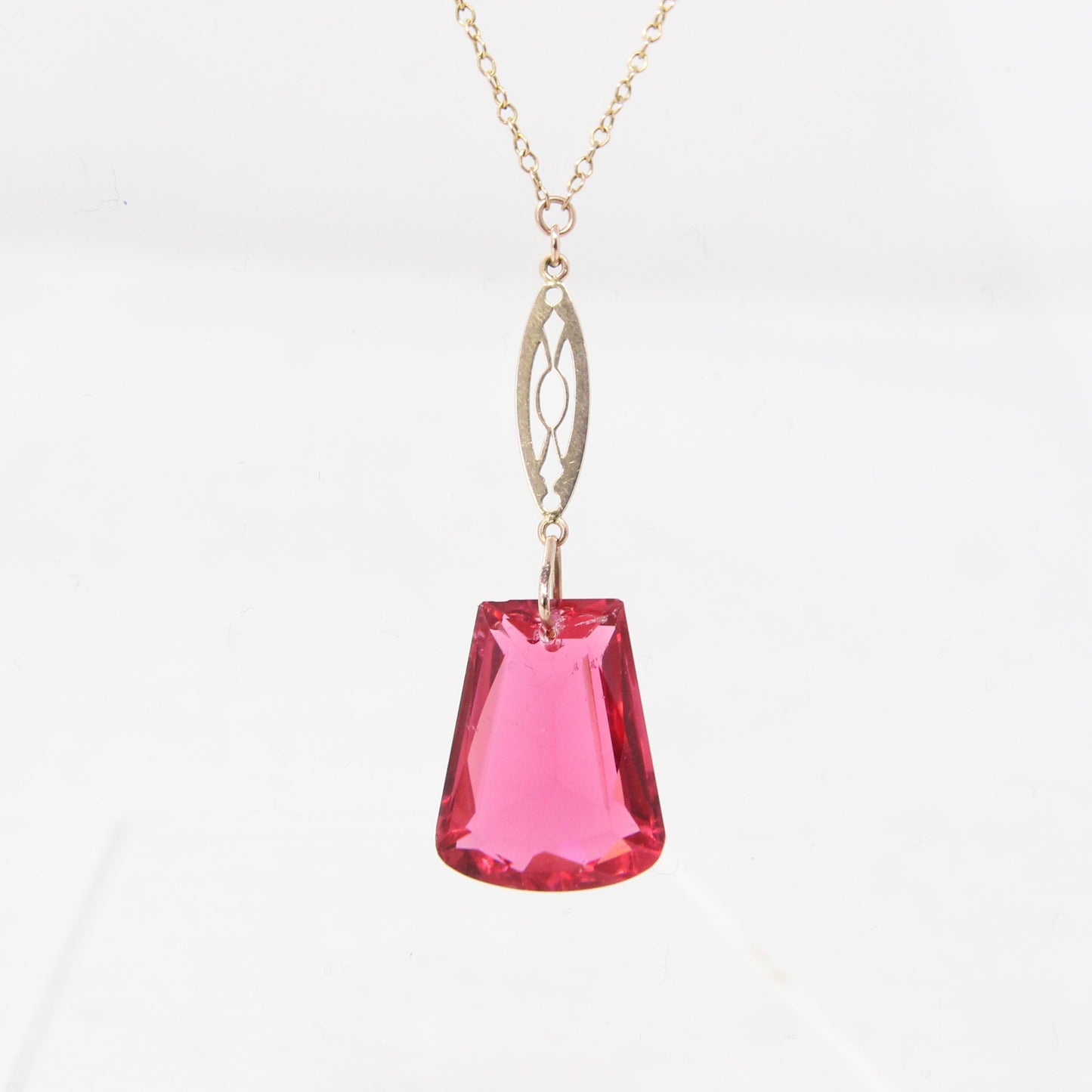 Antique Art Deco Solid 9ct 9k Gold Cable Chain Cherry Glass Paste Pendant Necklace 17.25''