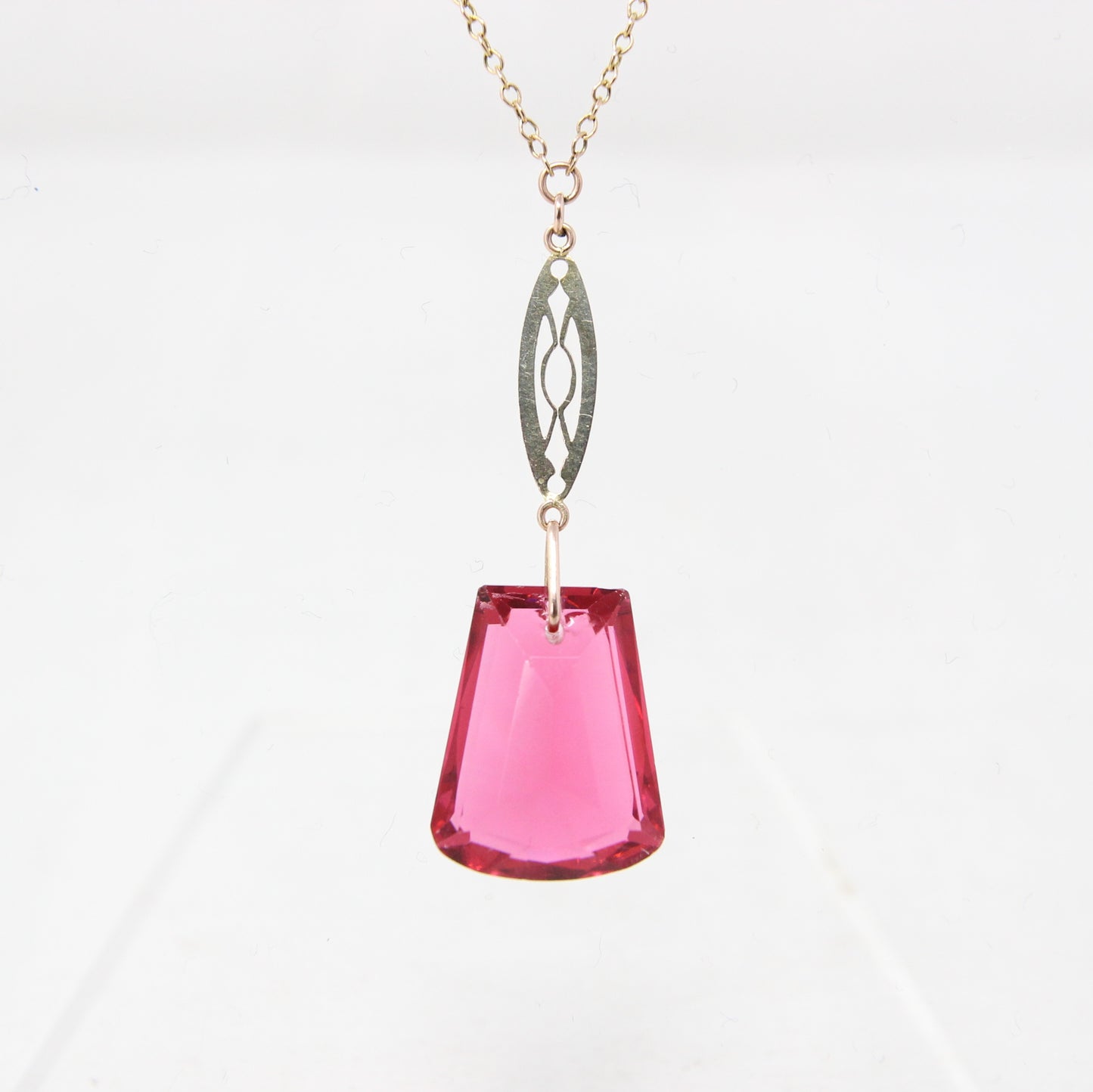 Antique Art Deco Solid 9ct 9k Gold Cable Chain Cherry Glass Paste Pendant Necklace 17.25''