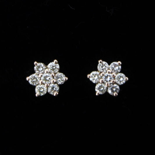 Vintage Solid 18ct 18k Rose Gold 0.4Ct Diamond Flower Floral Stud Earrings