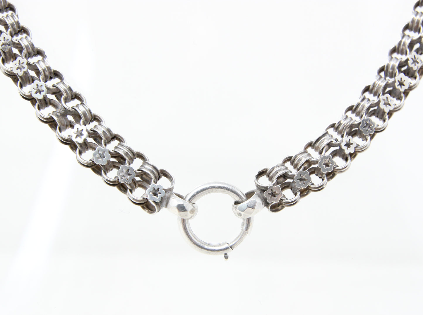 Antique Victorian Silver Star Ribbed Belcher Book Chain Necklace Bolt Ring Clasp 16''