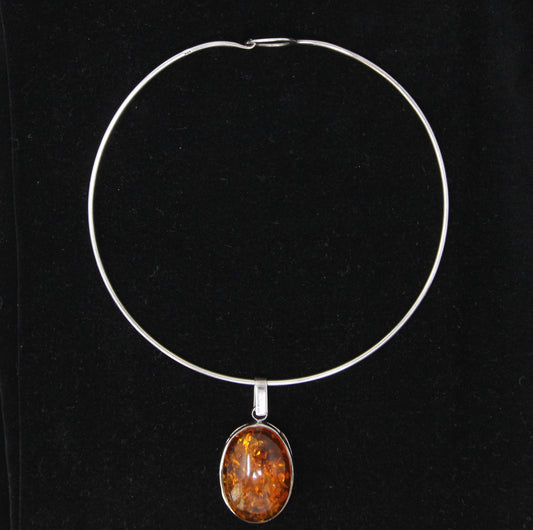Vintage Hallmarked Solid Sterling Silver Amber Pendant Wire Torque Collar Necklace 15.5'' 33g