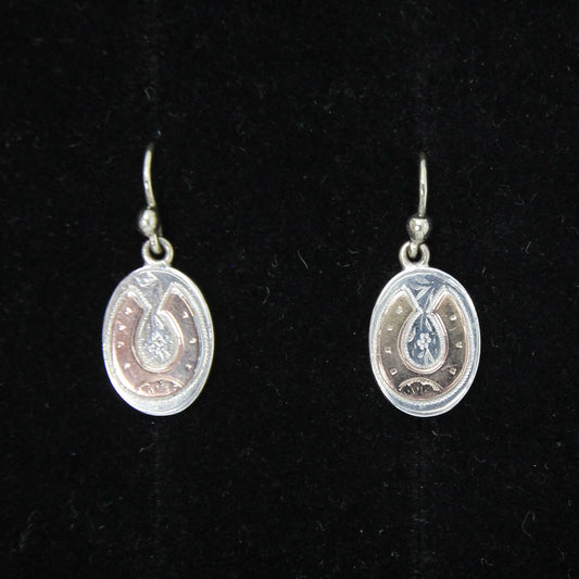 Antique Victorian 1873 Hallmarked Solid Silver 9ct Gold Engraved Aesthetic Lucky Horseshoe Drop Hook Earrings