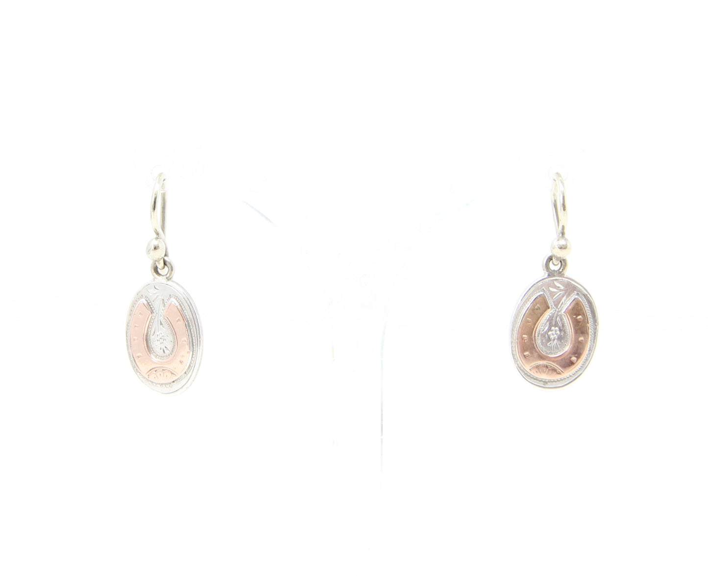 Antique Victorian 1873 Hallmarked Solid Silver 9ct Gold Engraved Aesthetic Lucky Horseshoe Drop Hook Earrings