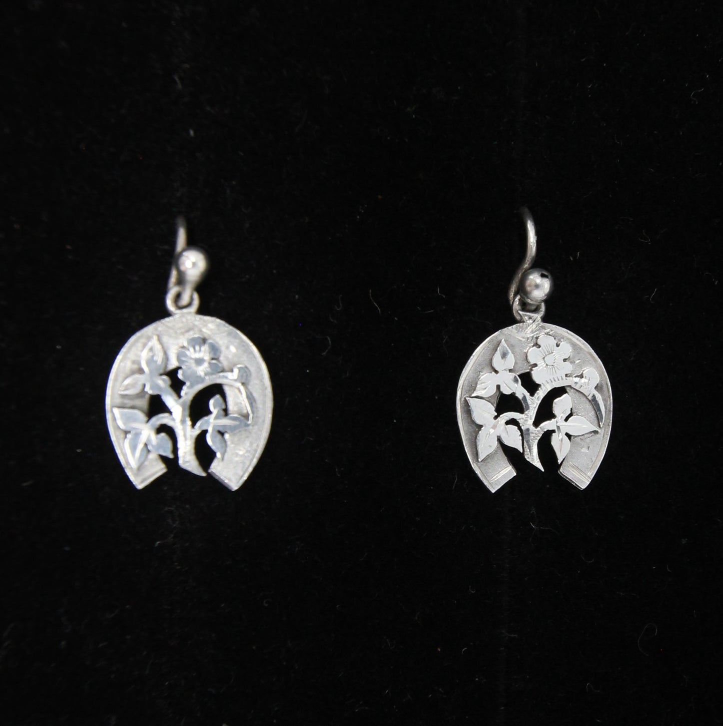 Antique Victorian Solid Silver Engraved Floral Forget Me Not Horseshoe Aesthetic Drop Hook Earrings