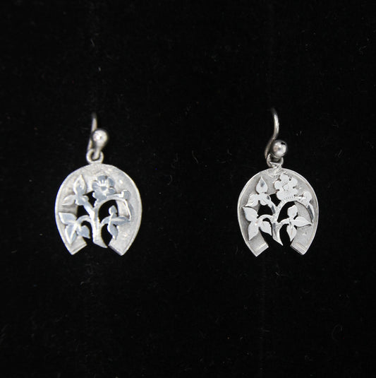 Antique Victorian Solid Silver Engraved Floral Forget Me Not Horseshoe Aesthetic Drop Hook Earrings