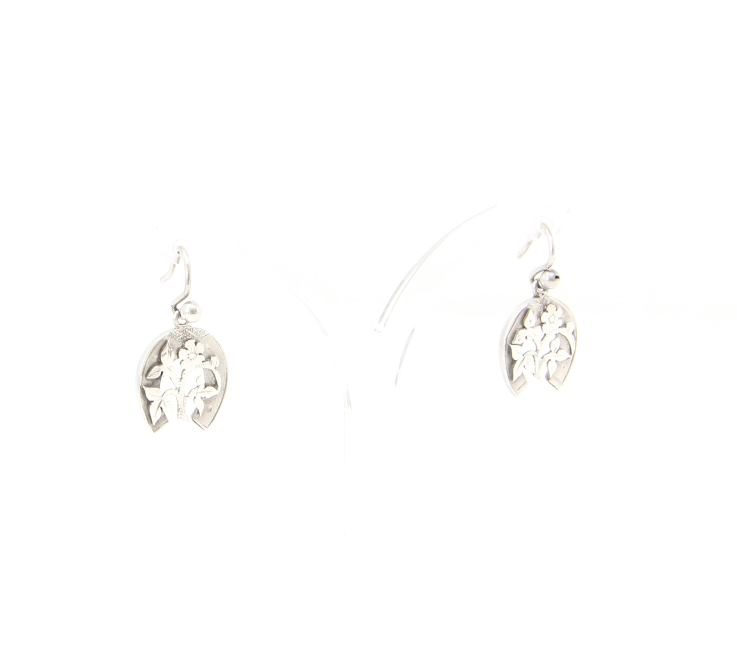 Antique Victorian Solid Silver Engraved Floral Forget Me Not Horseshoe Aesthetic Drop Hook Earrings