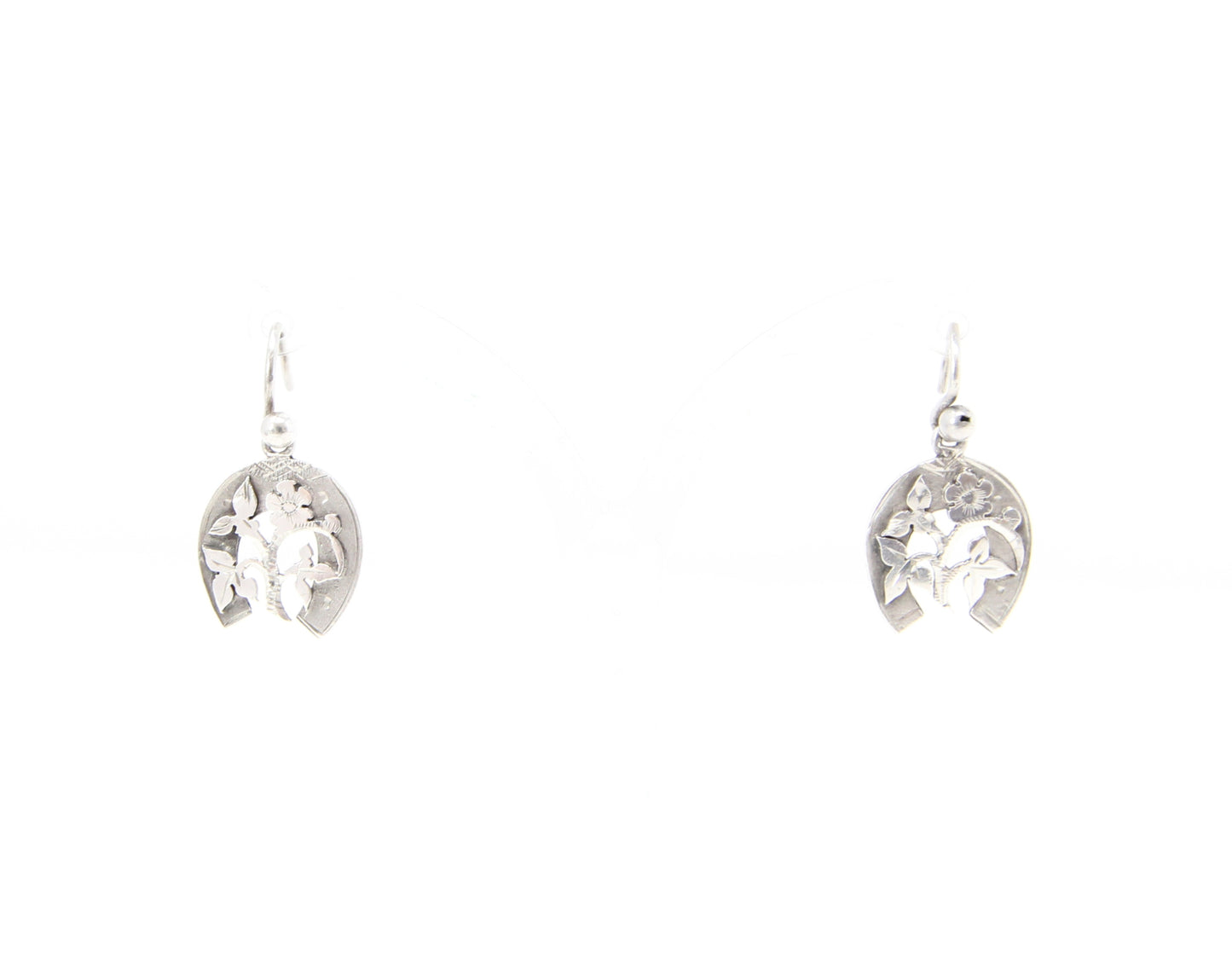 Antique Victorian Solid Silver Engraved Floral Forget Me Not Horseshoe Aesthetic Drop Hook Earrings