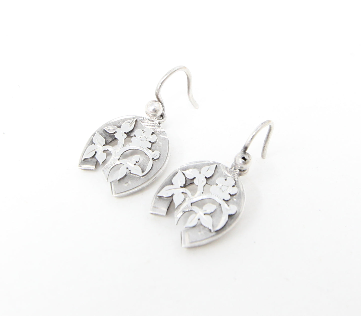 Antique Victorian Solid Silver Engraved Floral Forget Me Not Horseshoe Aesthetic Drop Hook Earrings