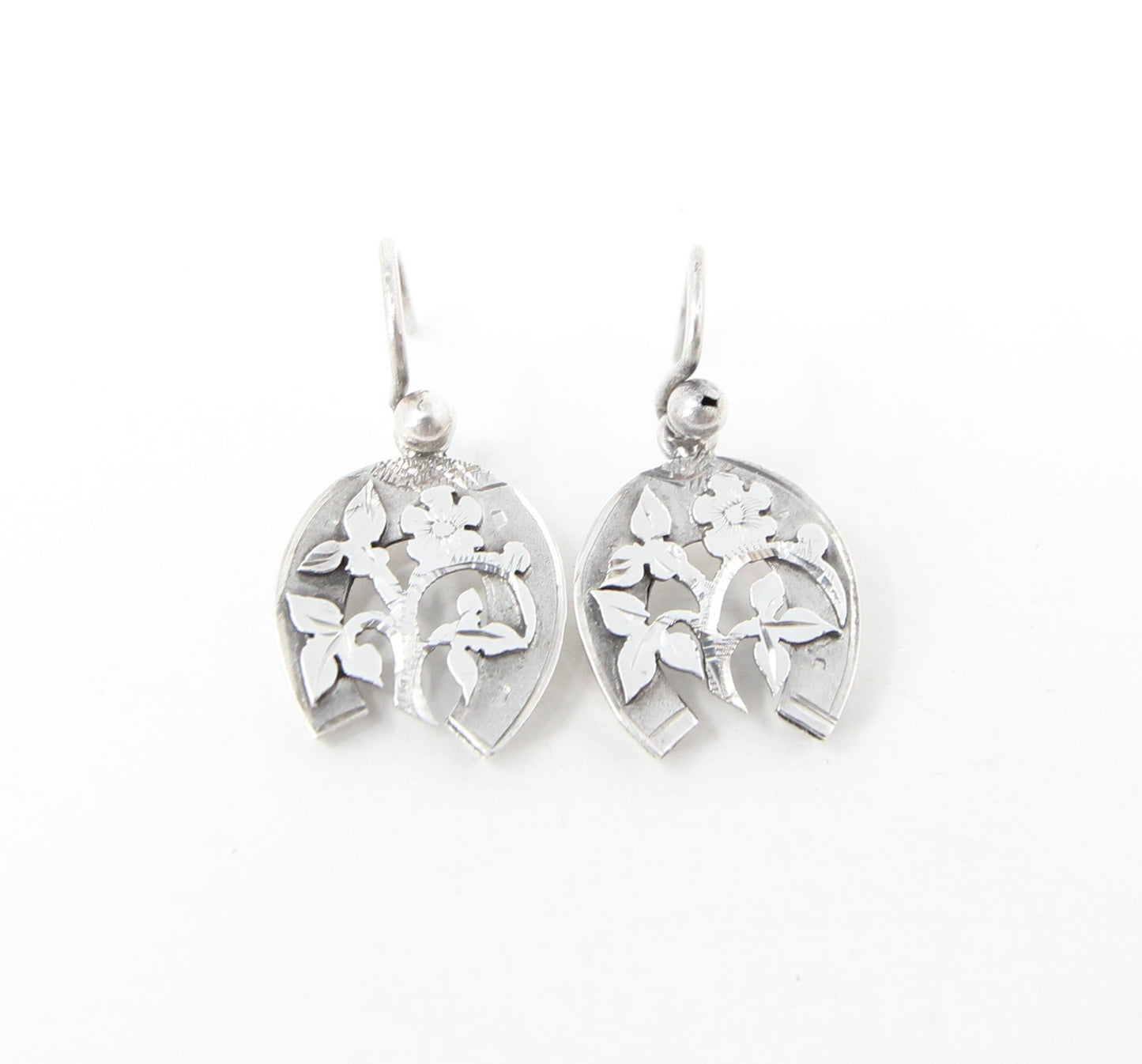 Antique Victorian Solid Silver Engraved Floral Forget Me Not Horseshoe Aesthetic Drop Hook Earrings