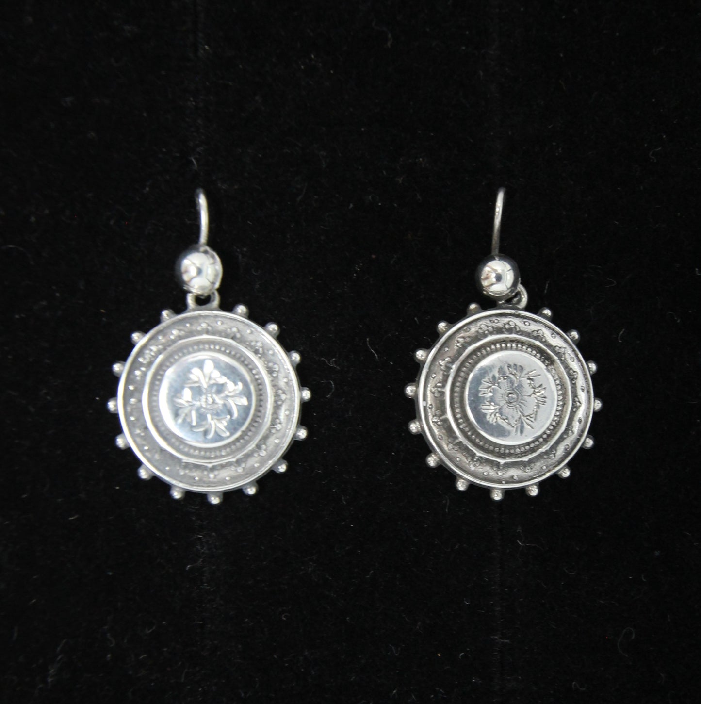 Antique Victorian 1882 Hallmarked Solid Silver Engraved Etruscan Aesthetic Drop Hook Earrings