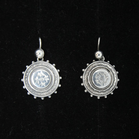 Antique Victorian 1882 Hallmarked Solid Silver Engraved Etruscan Aesthetic Drop Hook Earrings