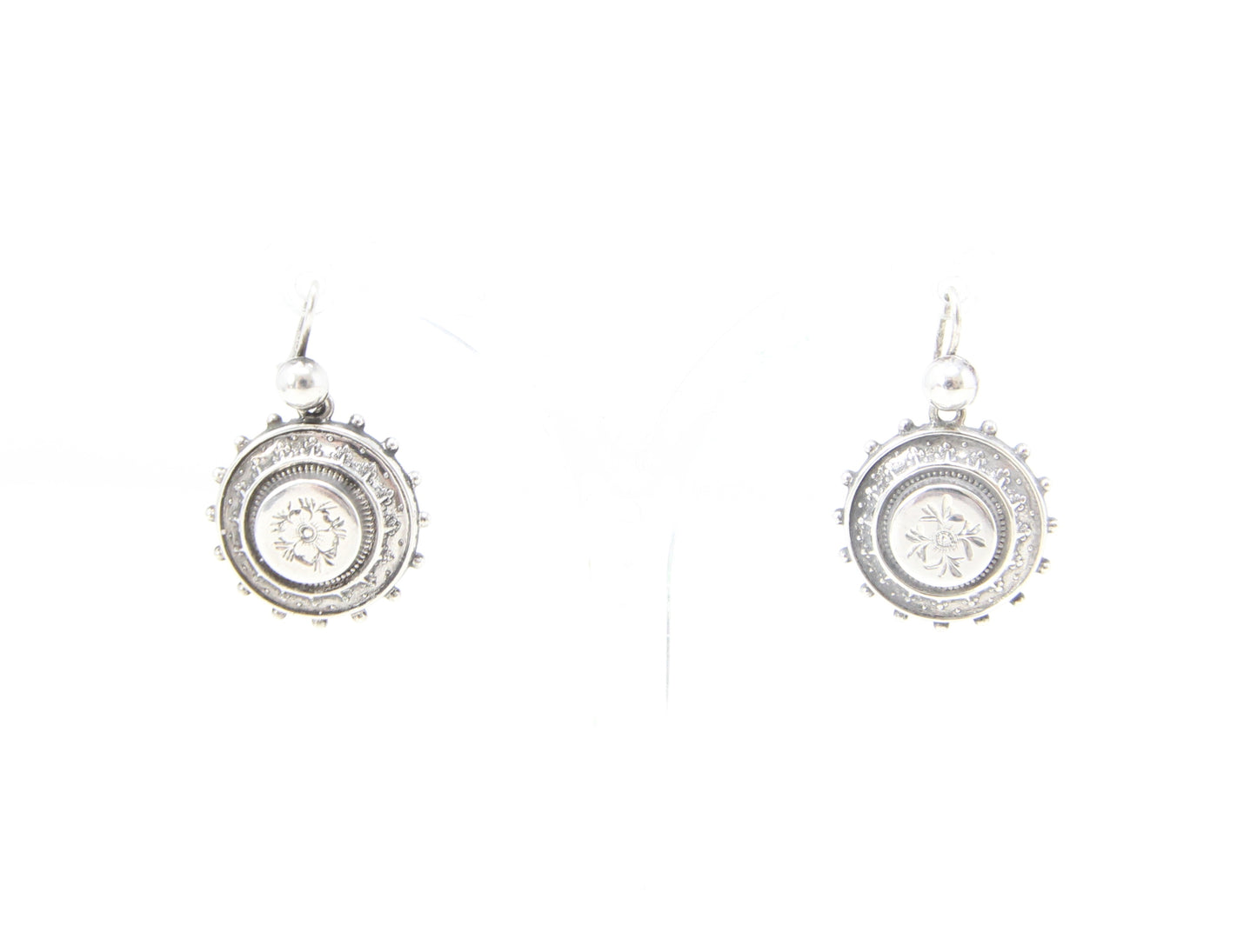 Antique Victorian 1882 Hallmarked Solid Silver Engraved Etruscan Aesthetic Drop Hook Earrings