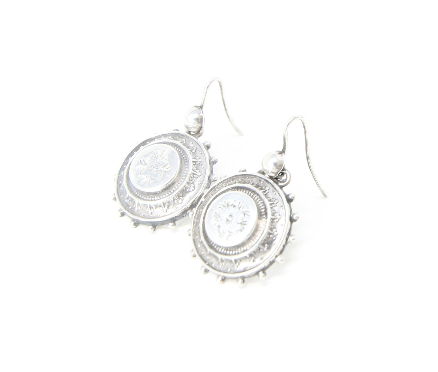 Antique Victorian 1882 Hallmarked Solid Silver Engraved Etruscan Aesthetic Drop Hook Earrings