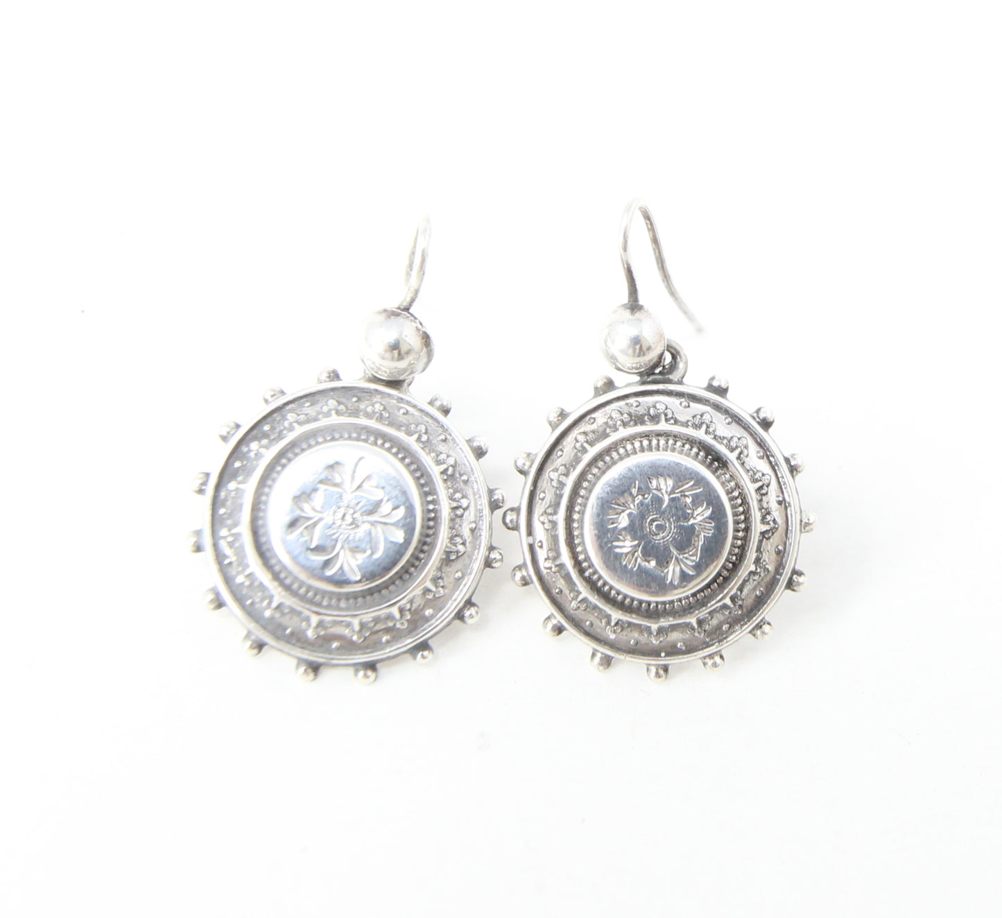 Antique Victorian 1882 Hallmarked Solid Silver Engraved Etruscan Aesthetic Drop Hook Earrings